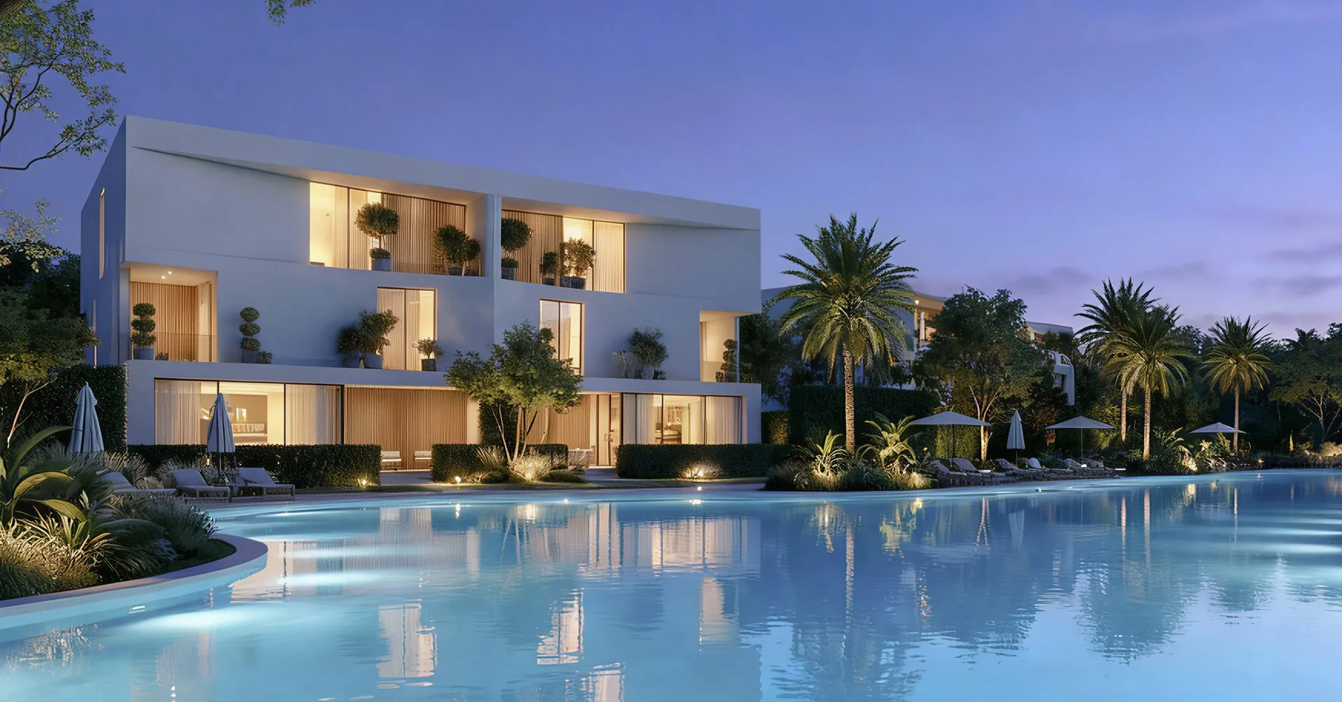 Résidence et piscine au crépuscule